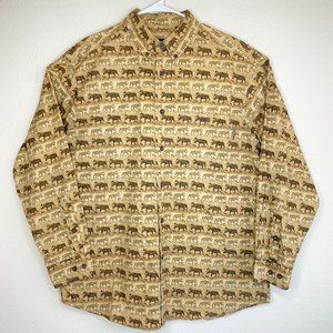 Woolrich Mens Size L Long Sleeve Button Up Shirt Moose Hiking Hunting Brown